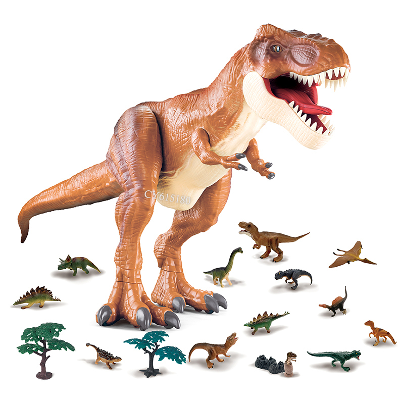Dinozaur gigant T-Rex pe rotite, cu sunete, lumini si efect de ceata, figurine incluse, 95 cm, maro, 3 ani+ [3]