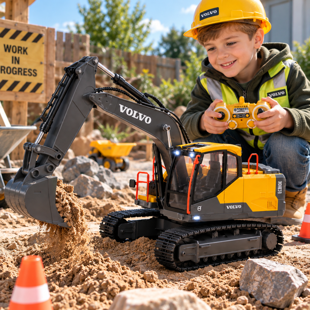 Excavator RC Volvo Double E E568-003 cu licenta, 1:16, telecomanda 2.4 GHz, rotire 660°, brat si cupa functionale, lumini si sunete, 6 ani+ [3]