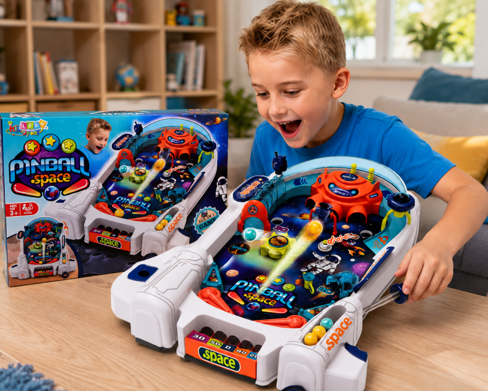 Joc Arcade Space Pinball LEAN Toys cu Obstacole Racheta si 8 Bile, Albastru, 3 ani+ [4]