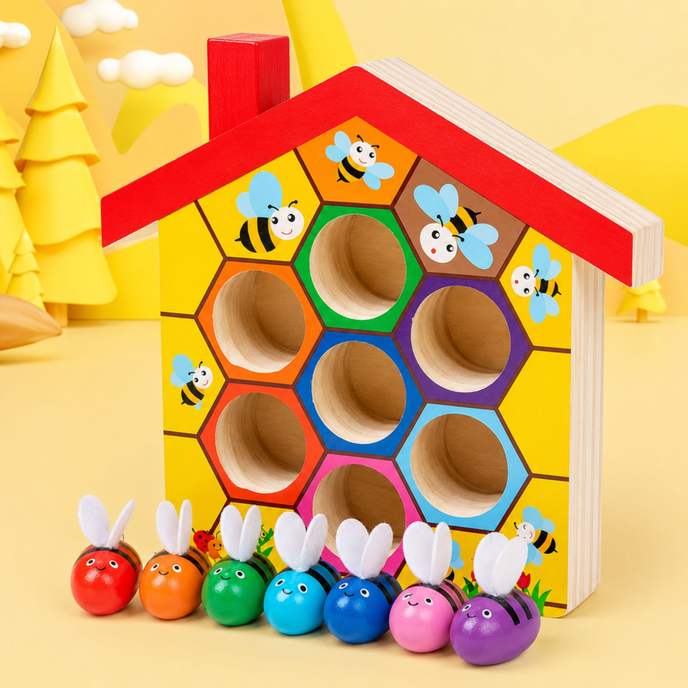 Joc educativ LEAN Toys stup de albine din lemn cu penseta, 7 piese 3 ani+ [4]