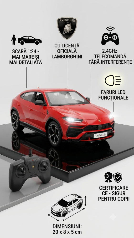 Lamborghini Urus cu Licenta Oficiala - Masinuta cu Telecomanda R/C 1:24, 2.4GHz, Lumini LED, Rosie, 3+ Ani [2]