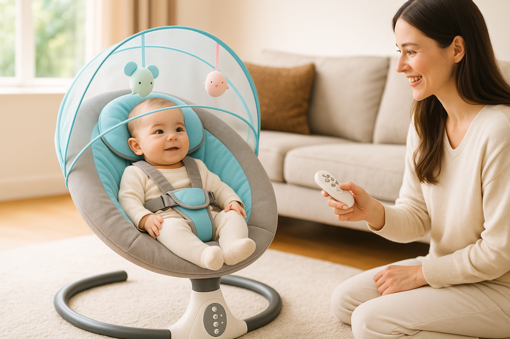 Leagan electric pentru bebelusi S-Y608 (balansoar automat 4 viteze, telecomanda, Bluetooth, melodii si husa lavabila) [5]