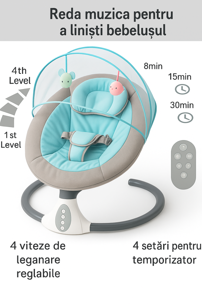 Leagan electric pentru bebelusi S-Y608 (balansoar automat 4 viteze, telecomanda, Bluetooth, melodii si husa lavabila) [4]