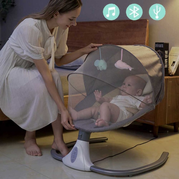 Leagăn Electric Bebeluși – Bluetooth, 4 Viteze, Albastru Gri, 0–18 Luni [10]