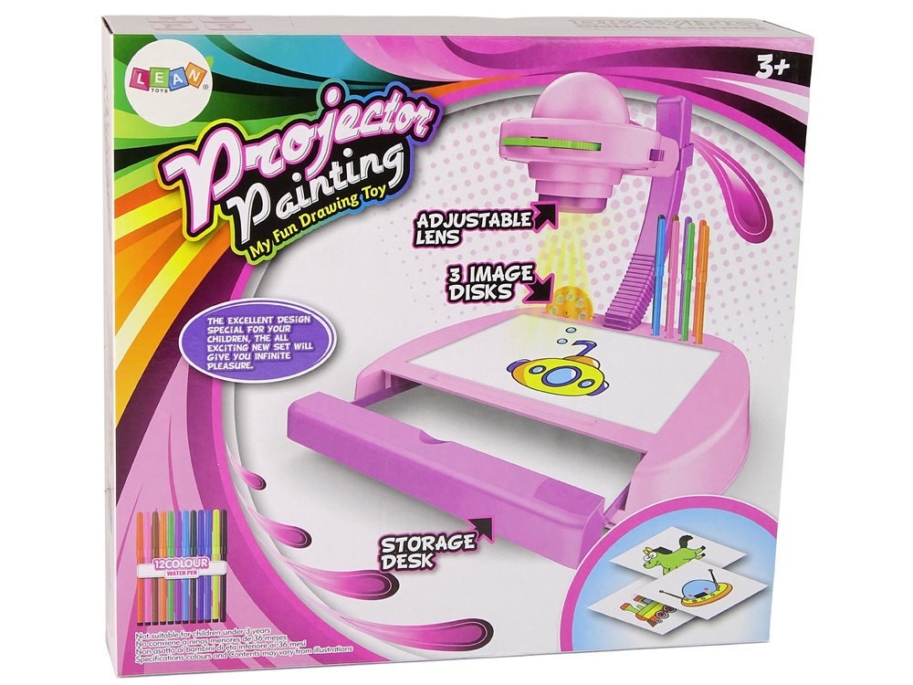 Masa de desen cu proiector si sertar roz - set creativ copii 3+ [4]