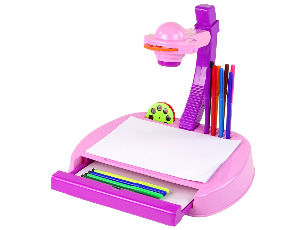 Masa de desen cu proiector si sertar roz - set creativ copii 3+ [2]