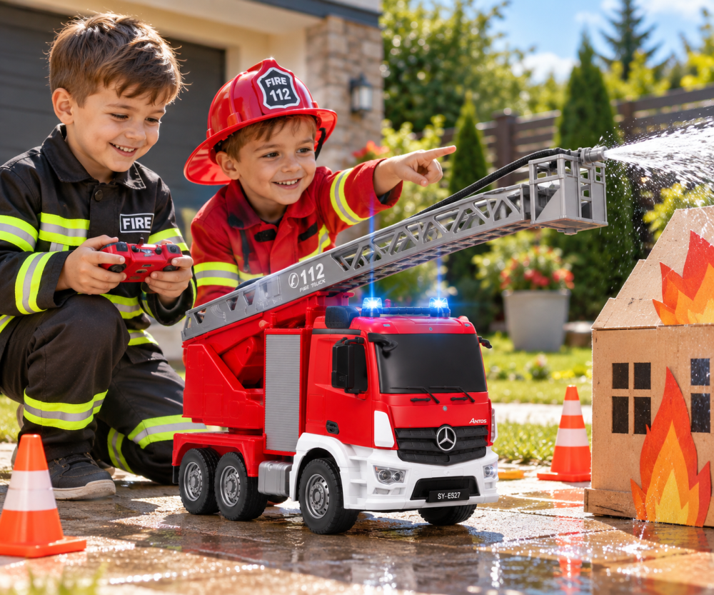 Masina de pompieri RC Mercedes-Benz Antos Double E E527-003, 1:20, telecomanda 2.4 GHz, scara extensibila 660°, tun cu apa, lumini si sunete, 6 ani+ [2]
