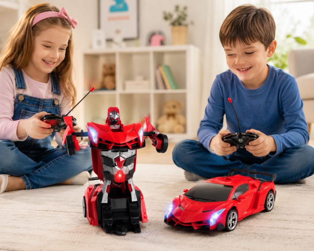 Masina Robot 2 in 1 LEAN Toys cu telecomanda R/C, lumini, sunete, drift, rotire 360°, Rosu, 6 ani+ [2]