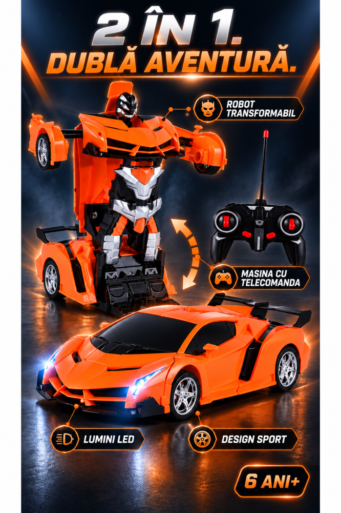 Masina Transformer 2 in 1 cu telecomanda, transformare robot, drift, rotire 360°, lumini LED si sunete, Scara 1:18, portocalie, 6 ani+ [8]