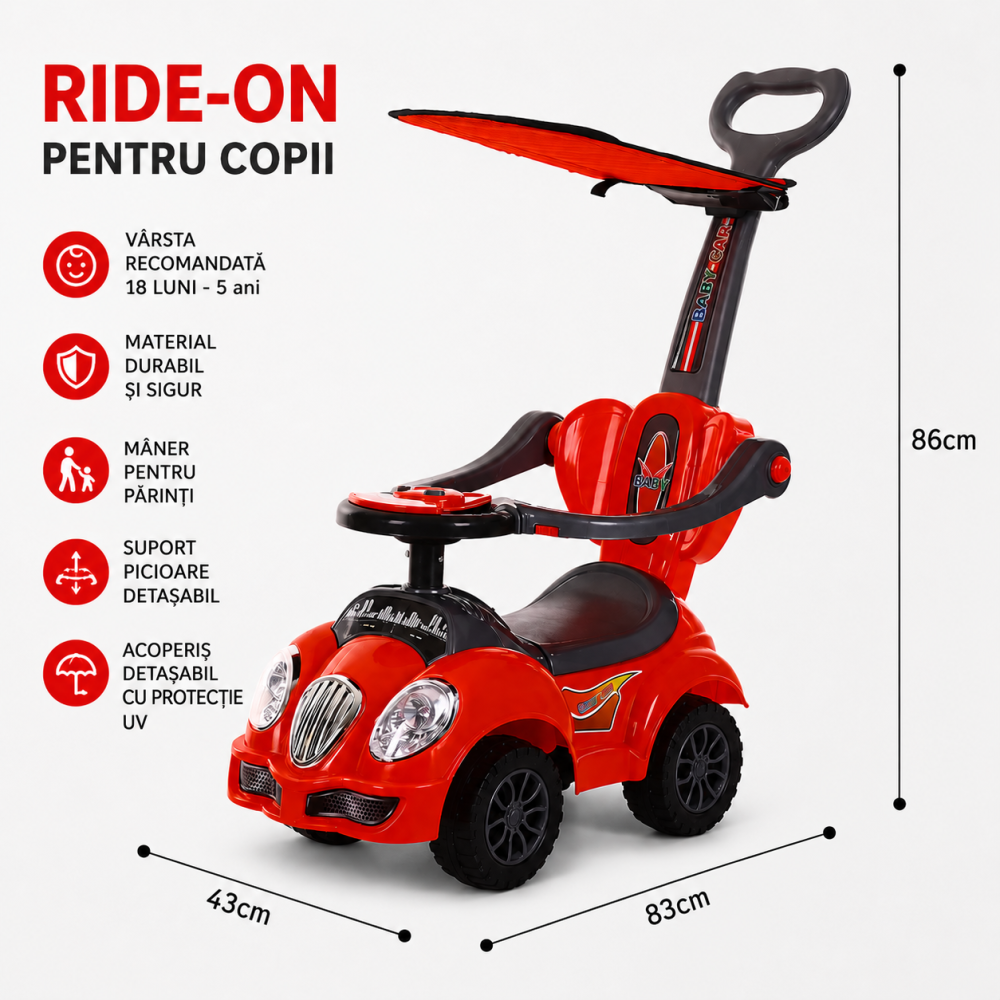 Masinuta copii RIDE-ON 3 in 1 Mega Car cu maner parental, bara protectie si spatiu depozitare, copertina protectie solara, rosu, 18 luni - 5 ani, max. 23 kg [2]