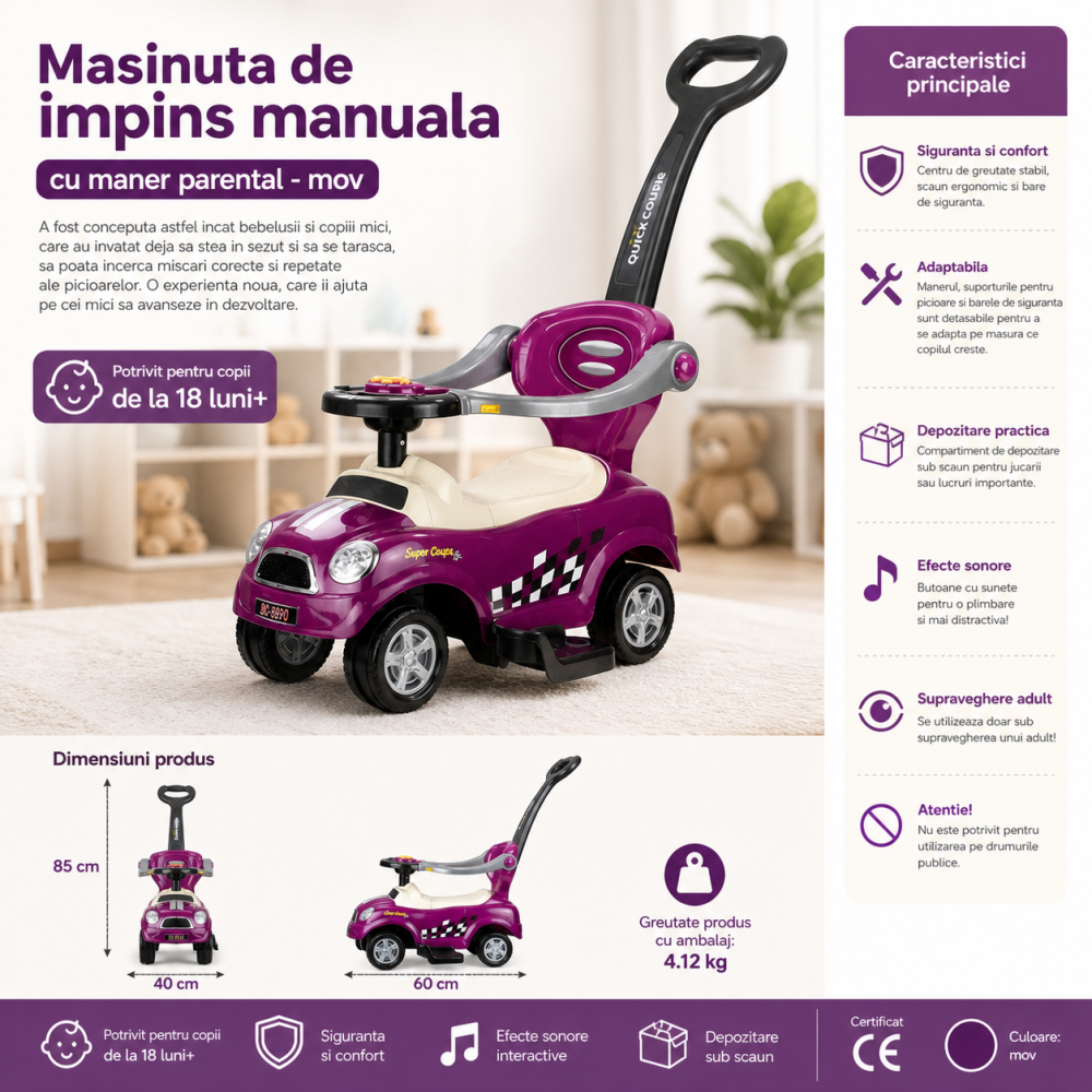 Masinuta RIDE ON copii violet maner parental 18 + Bebelul [7]