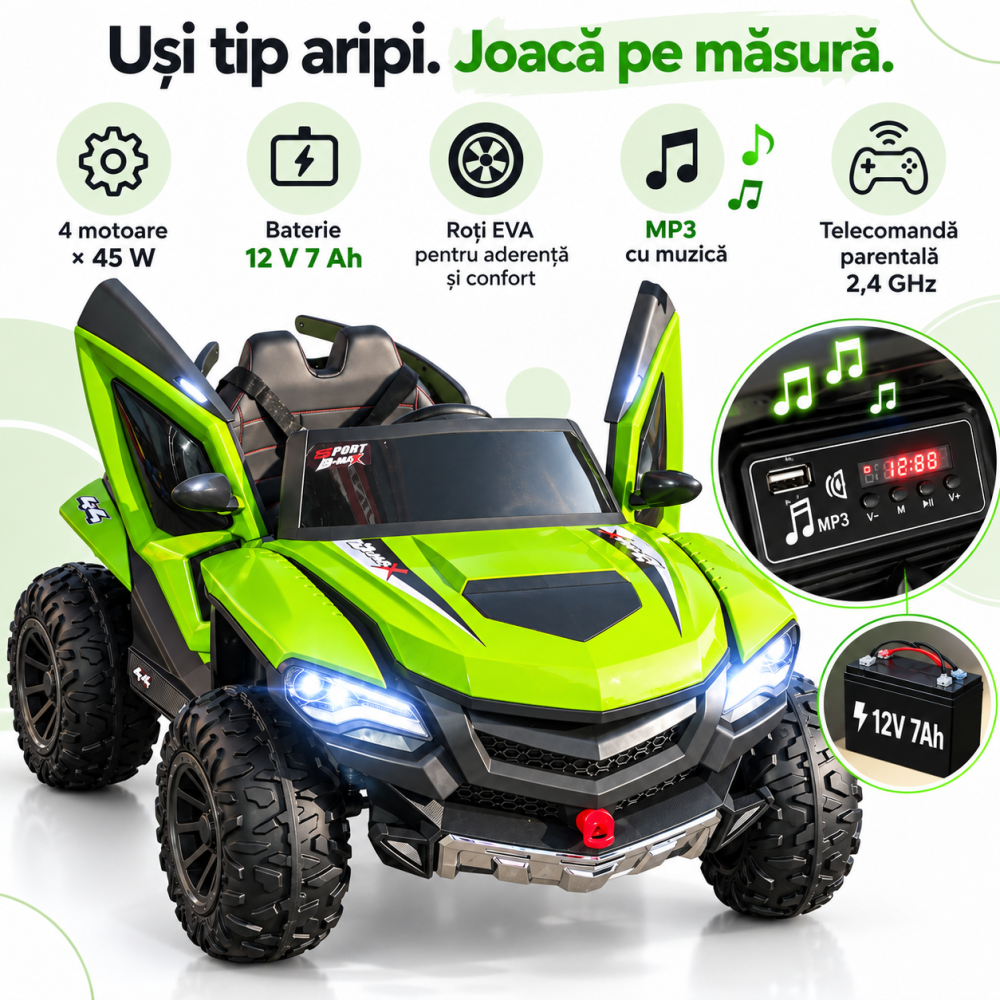 Masinuta electrica 4x4 cu usi tip aripi, 12V 7Ah, 4 motoare 45W, roti EVA, telecomanda, 3 viteze si balans, verde, 2 locuri, 3 ani+ [9]
