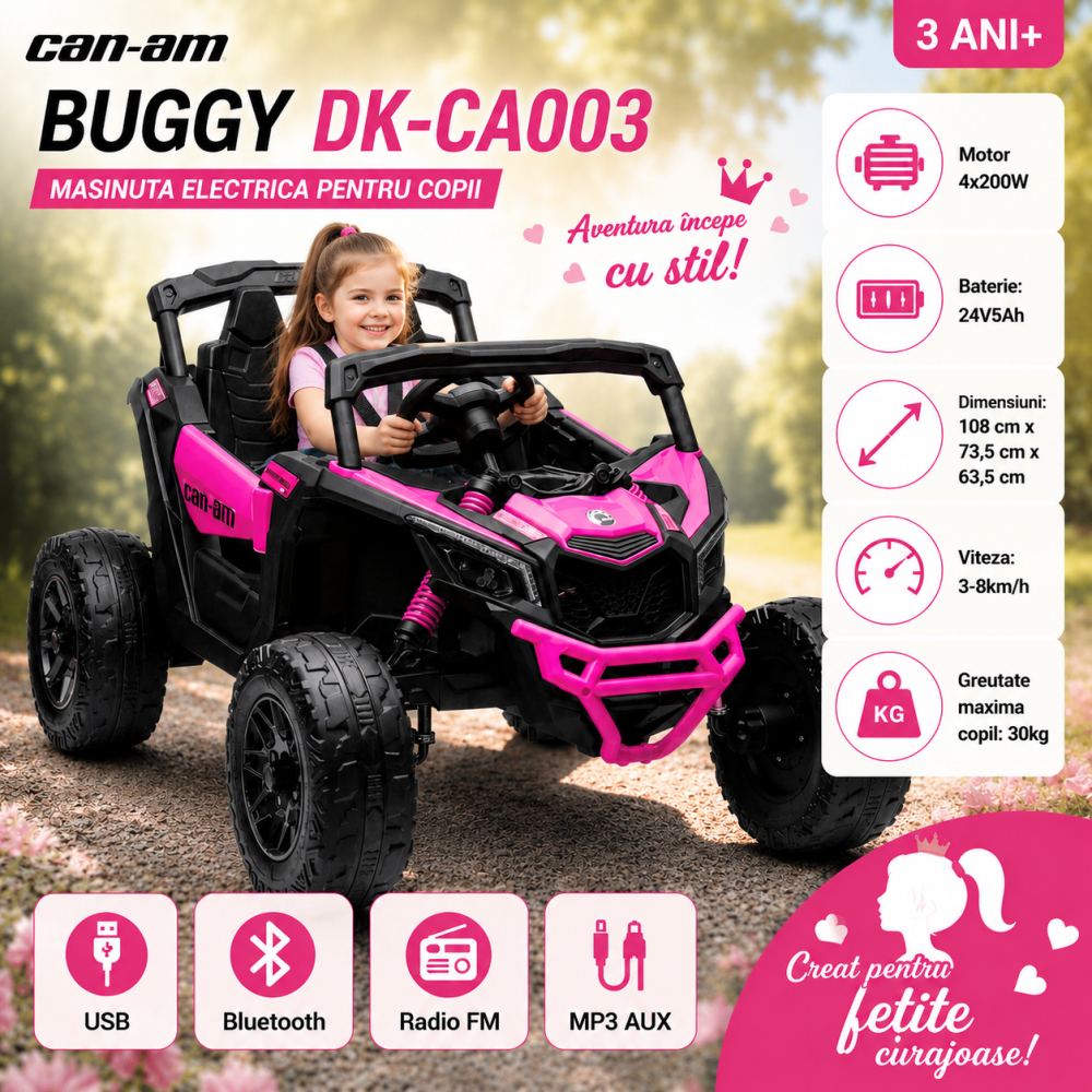 Masinuta Electrica Buggy fete Can-am, 24V 4x200W, Bebelul, EVA, Roz, 3 ani+ [2]