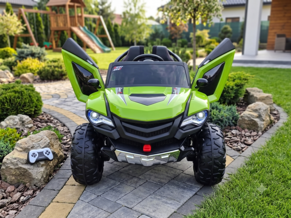 Masinuta electrica FB-6678, de teren, 4x4 cu usi tip aripi pentru copii, 12V 10Ah, 4 motoare 45W, roti EVA, scaun piele ecologica, telecomanda 2.4G, balans, lumini LED, verde, 2 locuri, 3-8 ani [9]