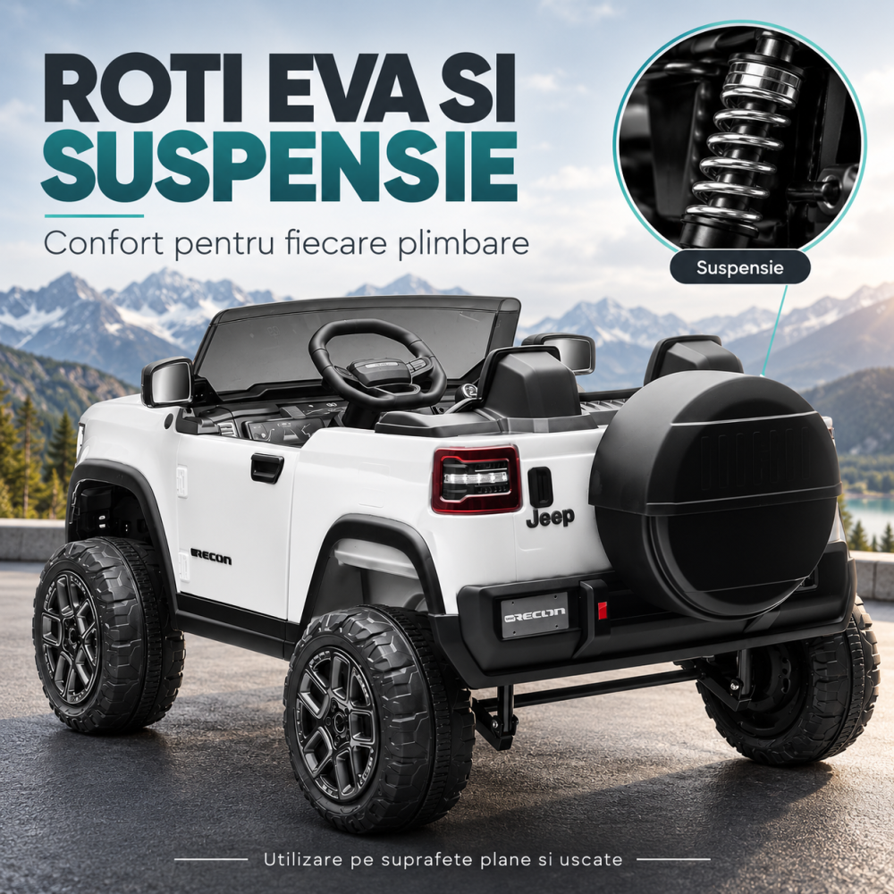 Masinuta electrica Jeep Recon cu licenta, 2 locuri, 12V 10Ah, 2 motoare, roti EVA, telecomanda, LED si USB, 3 ani+, alba [6]