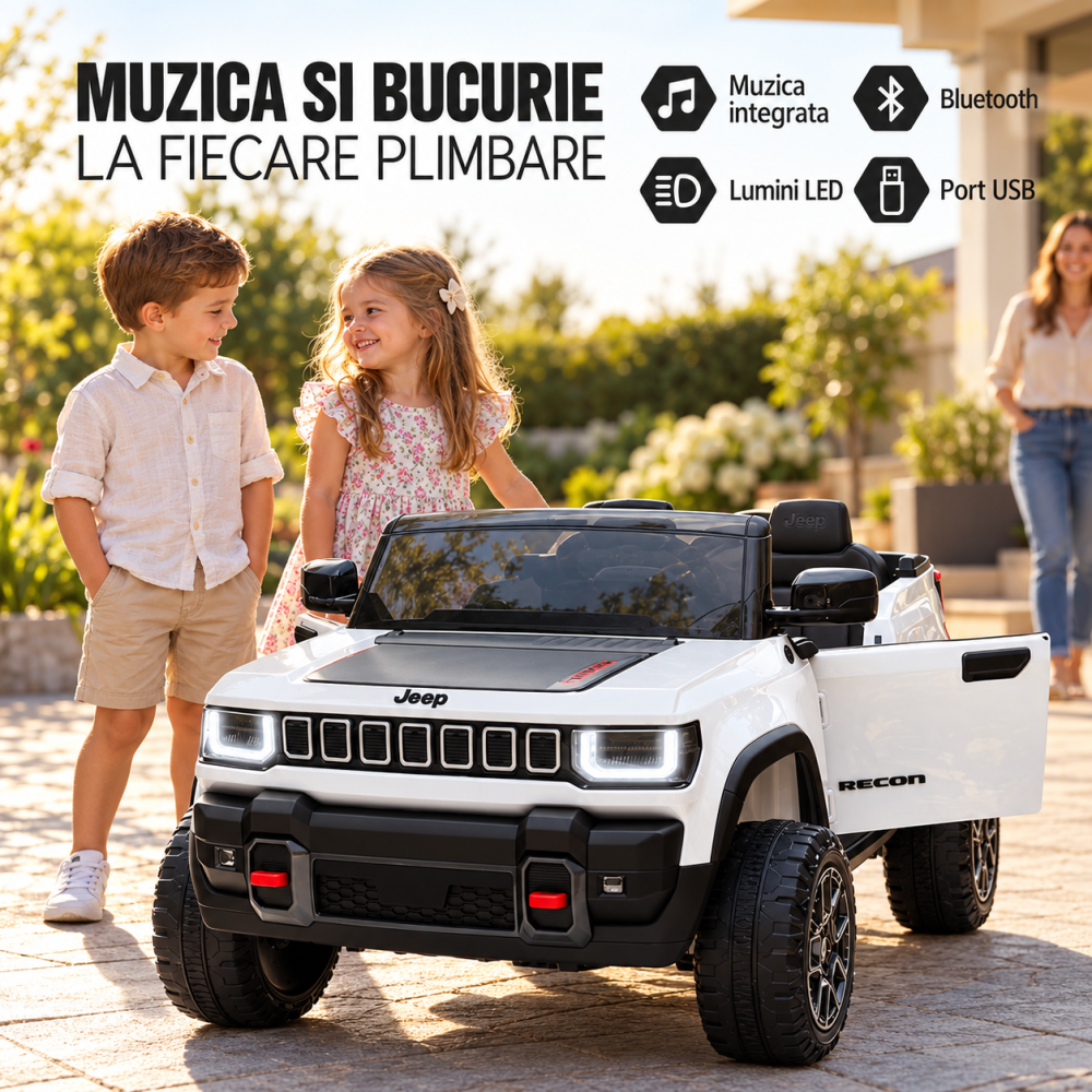 Masinuta electrica Jeep Recon cu licenta, 2 locuri, 12V 10Ah, 2 motoare, roti EVA, telecomanda, LED si USB, 3 ani+, alba [4]