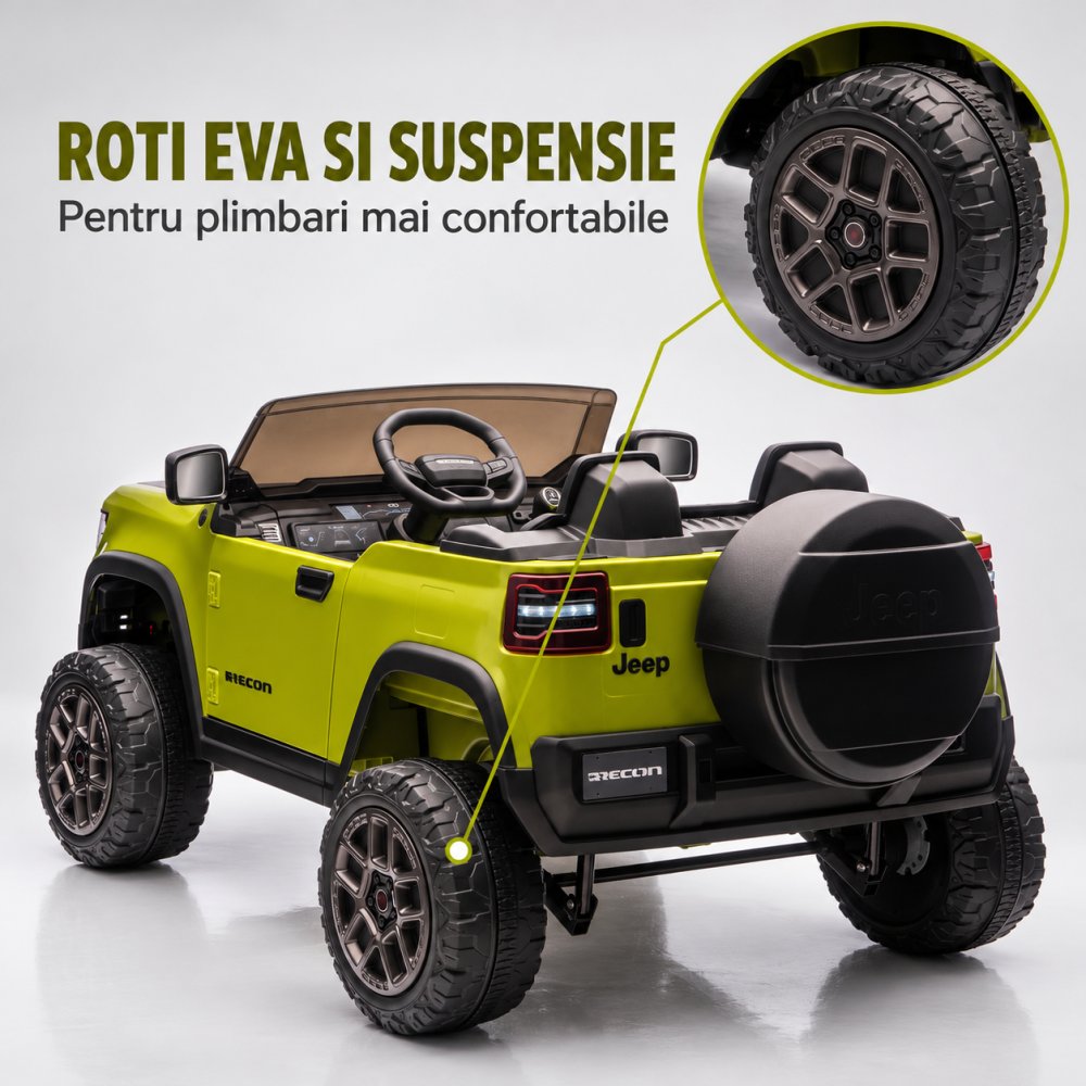 Masinuta electrica Jeep Recon cu licenta, 2 locuri, 12V 10Ah, 2 motoare, roti EVA, telecomanda, LED, USB si Bluetooth, 3 ani+, verde [7]