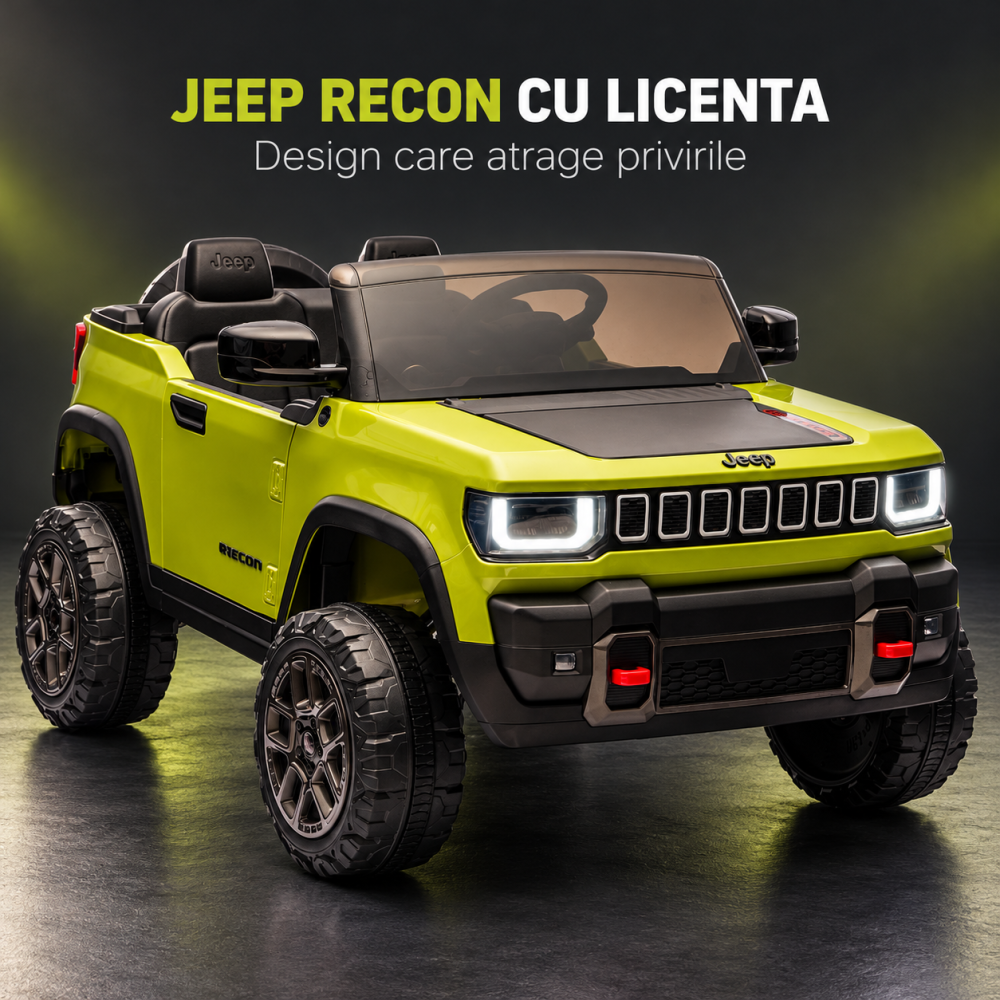Masinuta electrica Jeep Recon cu licenta, 2 locuri, 12V 10Ah, 2 motoare, roti EVA, telecomanda, LED, USB si Bluetooth, 3 ani+, verde [2]