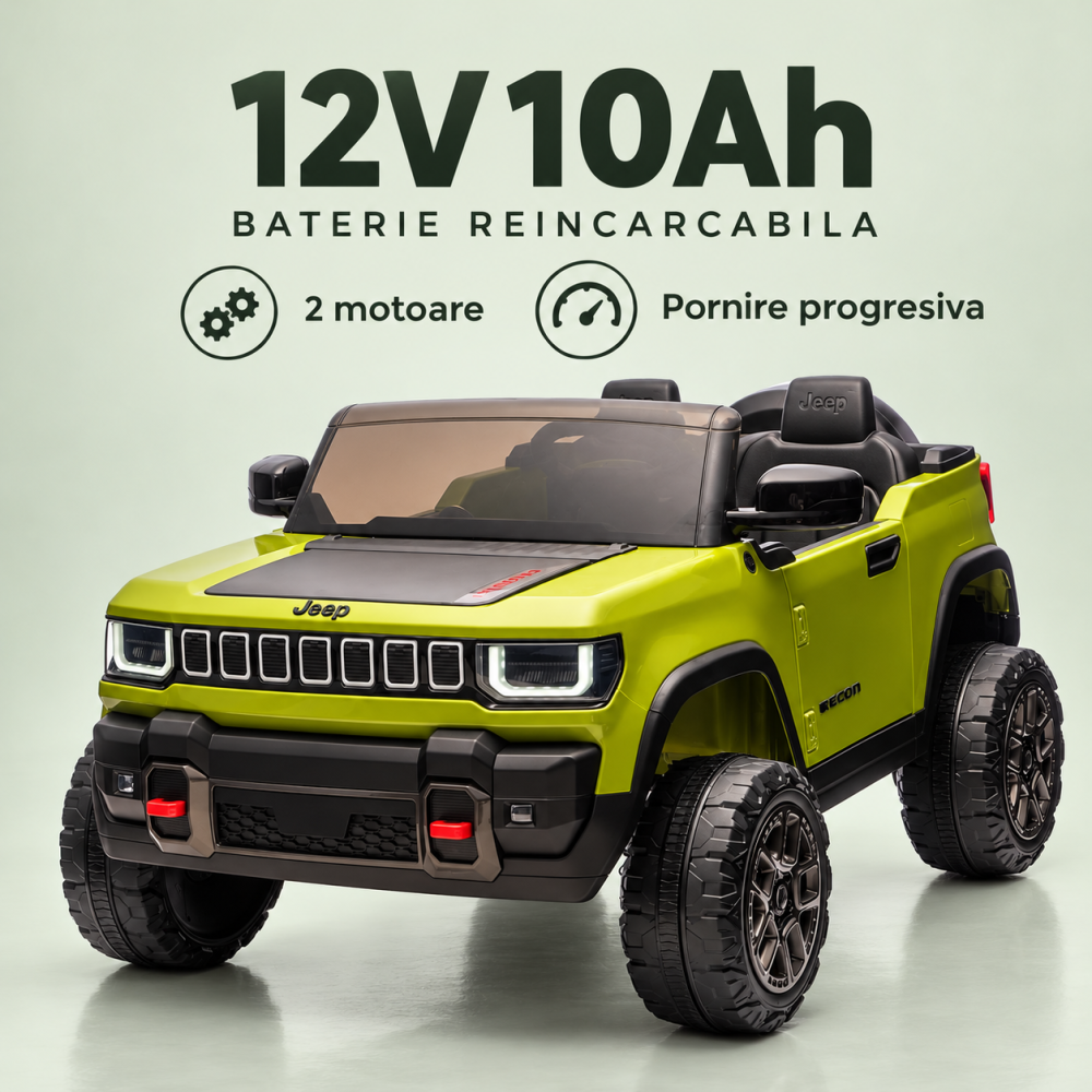 Masinuta electrica Jeep Recon cu licenta, 2 locuri, 12V 10Ah, 2 motoare, roti EVA, telecomanda, LED, USB si Bluetooth, 3 ani+, verde [10]