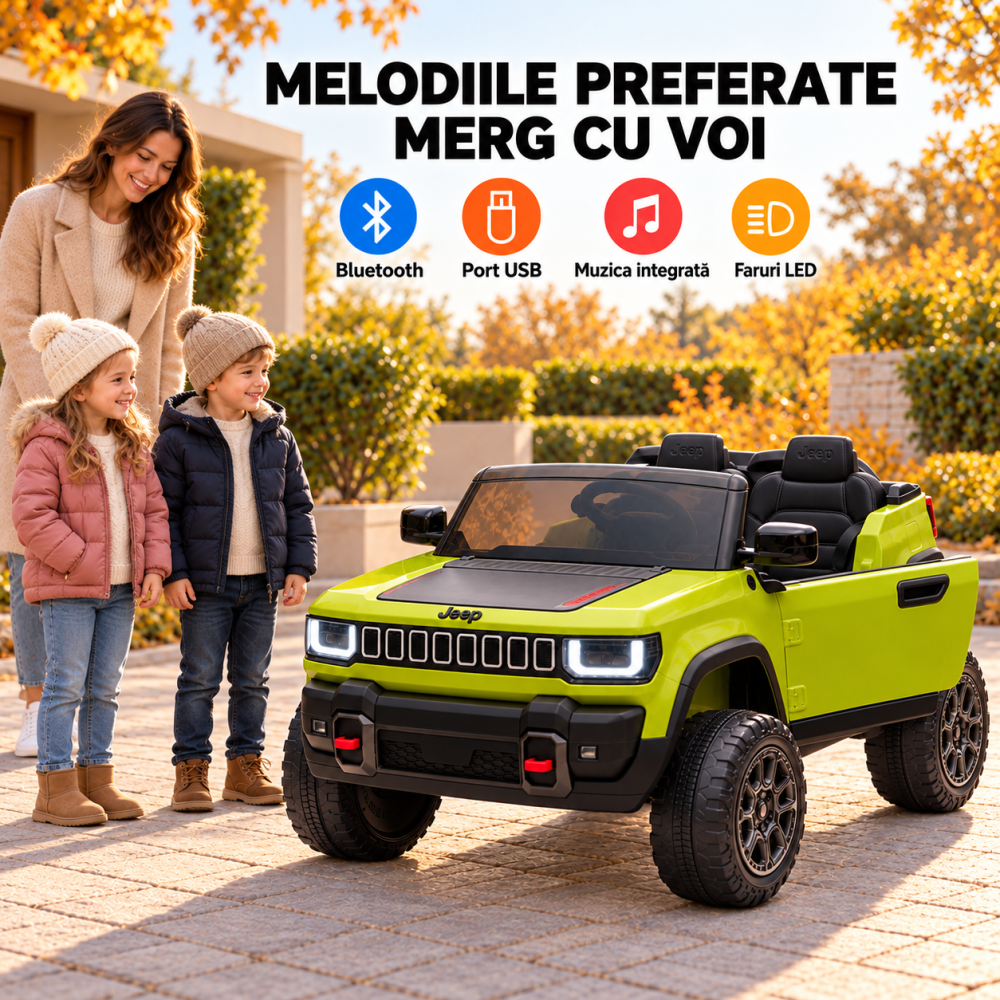 Masinuta electrica Jeep Recon cu licenta, 2 locuri, 12V 10Ah, 2 motoare, roti EVA, telecomanda, LED, USB si Bluetooth, 3 ani+, verde [5]