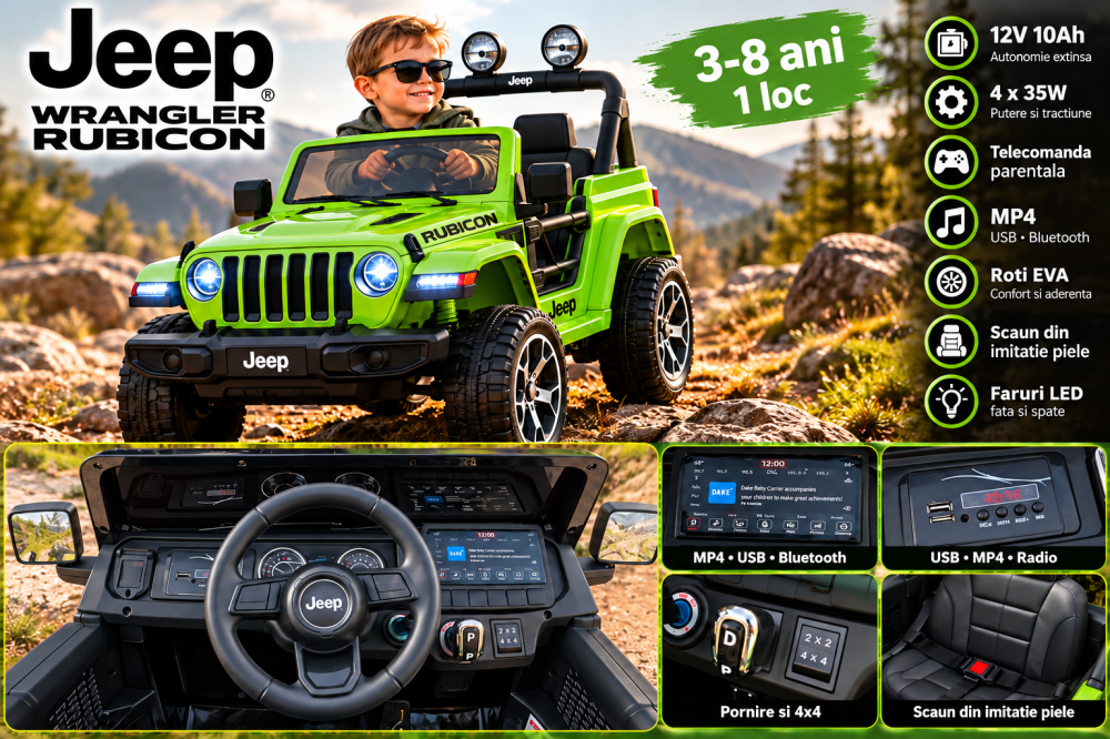 Masinuta electrica Jeep Wrangler Rubicon cu licenta oficiala Jeep, 12V 10Ah, 4x35W, roti EVA, scaun imitatie piele, telecomanda parentala, MP4, verde, 3-8 ani [2]