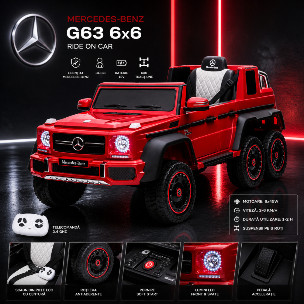 Masinuta electrica Mercedes G63 AMG 6x6 cu licenta 6x45W roti EVA telecomanda 2.4G rosu [3]