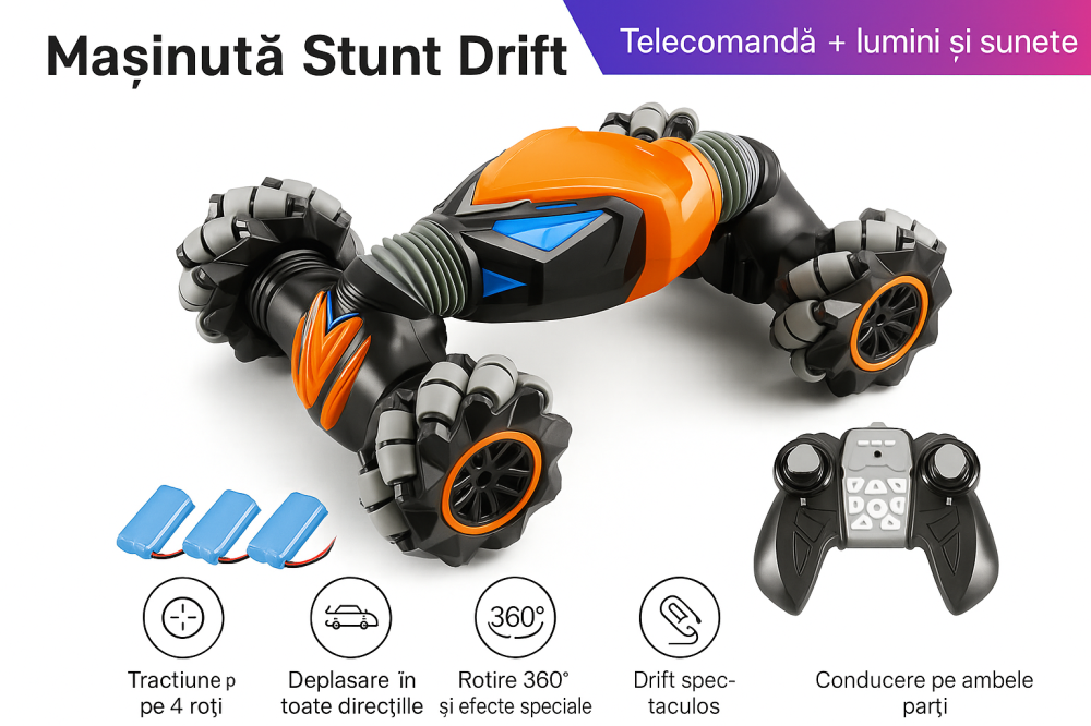 Masinuta RC 4WD Crazy Stunt cu Bratara Control si LuminI LED Portocaliu [3]