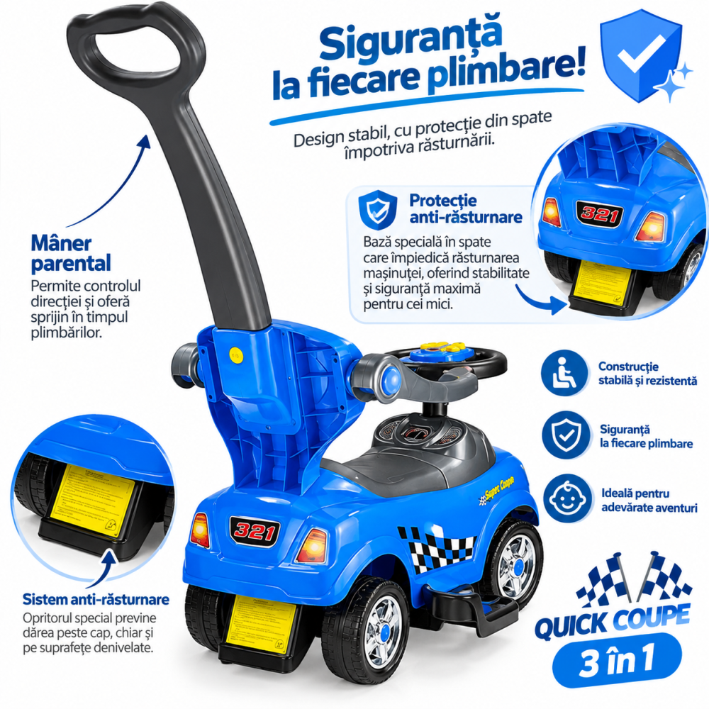 Masinuta Ride-On 3 in 1 QUICK COUPE fara pedale, cu maner parental, bara de protectie, suport picioare si sunete, albastra, 18 luni+ [4]