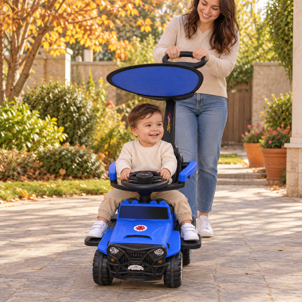 Masinuta ride-on copii, cu maner parental, parasolar, bara de protectie, suporturi pentru picioare si depozitare, albastra, 2 ani+ [5]