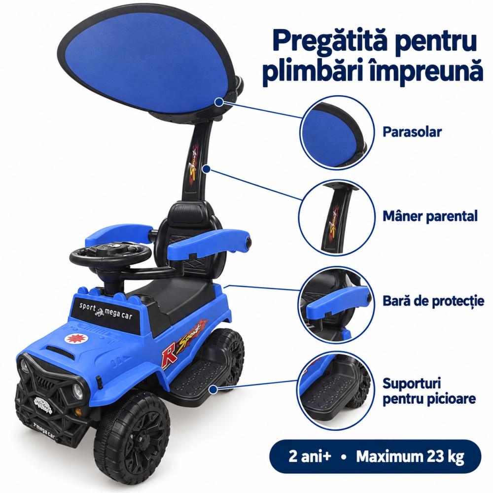Masinuta ride-on copii, cu maner parental, parasolar, bara de protectie, suporturi pentru picioare si depozitare, albastra, 2 ani+ [6]
