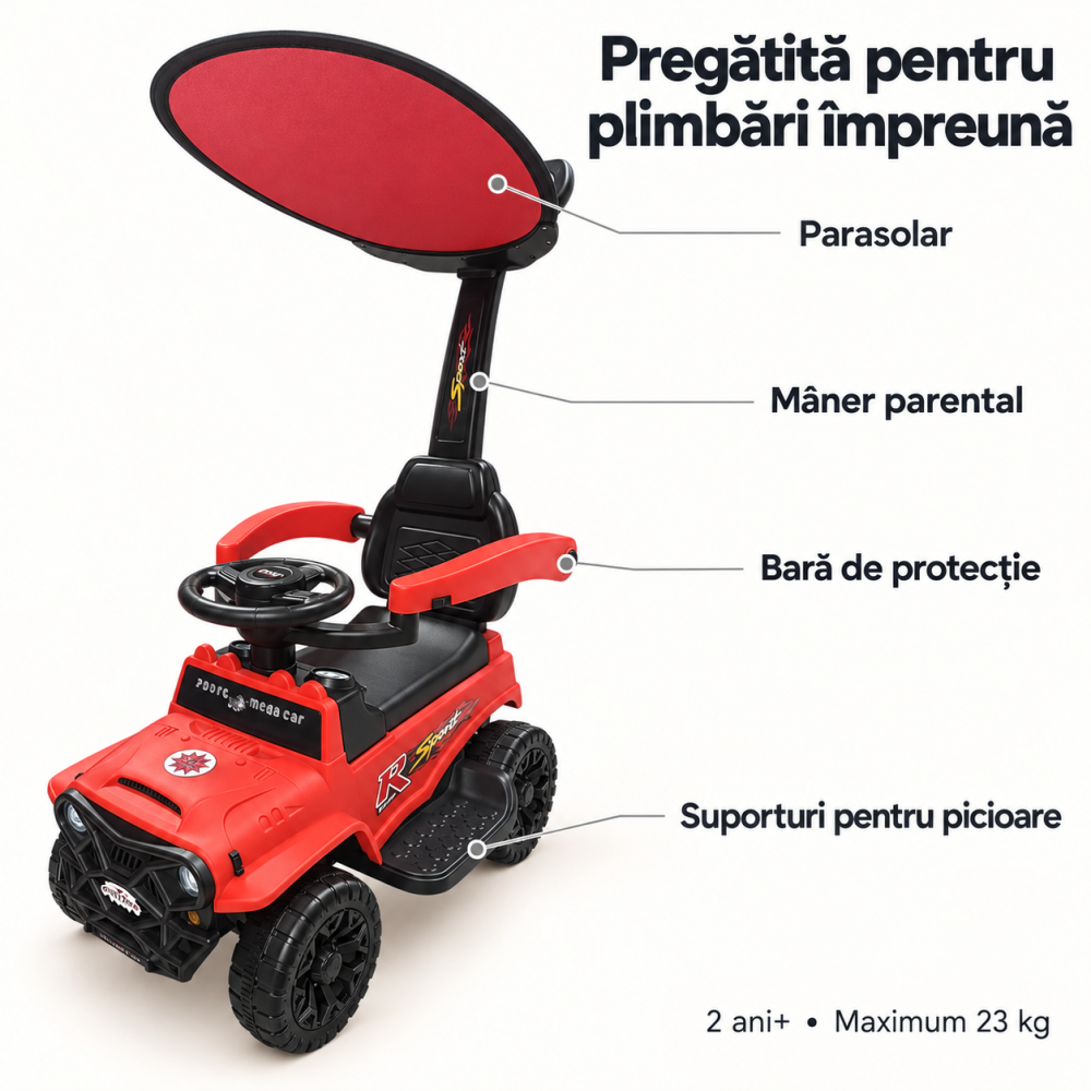 Masinuta ride-on copii, cu maner parental, parasolar, bara de protectie, suporturi pentru picioare si depozitare, rosie, 2 ani+ [6]