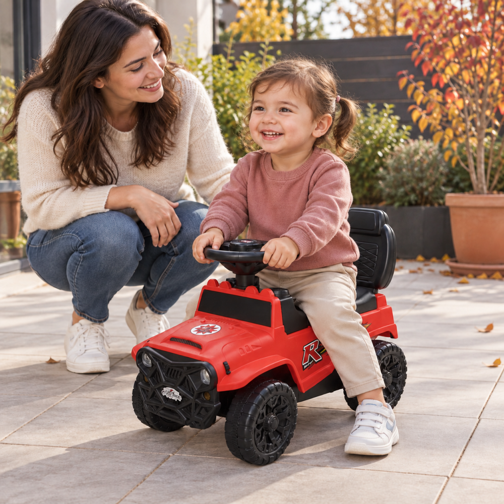 Masinuta ride-on copii, cu maner parental, parasolar, bara de protectie, suporturi pentru picioare si depozitare, rosie, 2 ani+ [5]