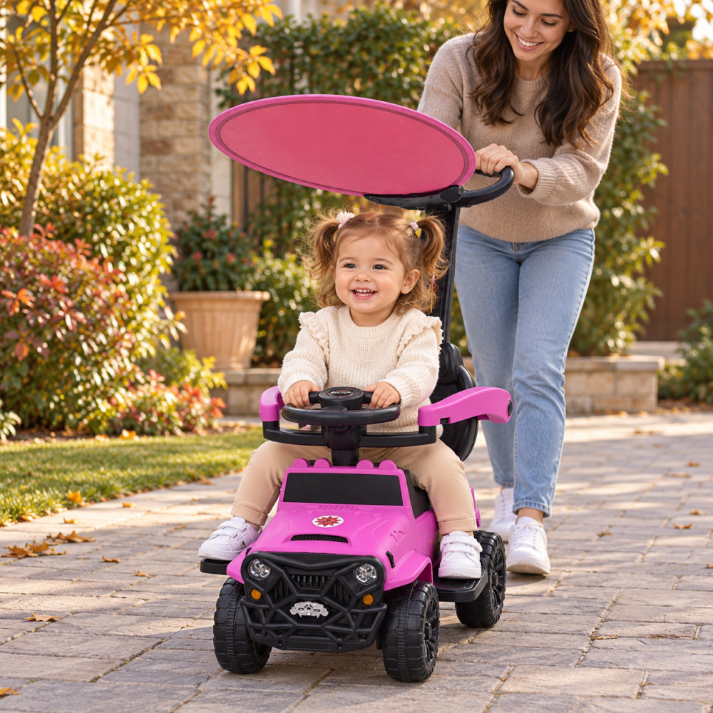 Masinuta ride-on copii, cu maner parental, parasolar, bara de protectie, suporturi pentru picioare si depozitare, roz, 2 ani+ [4]