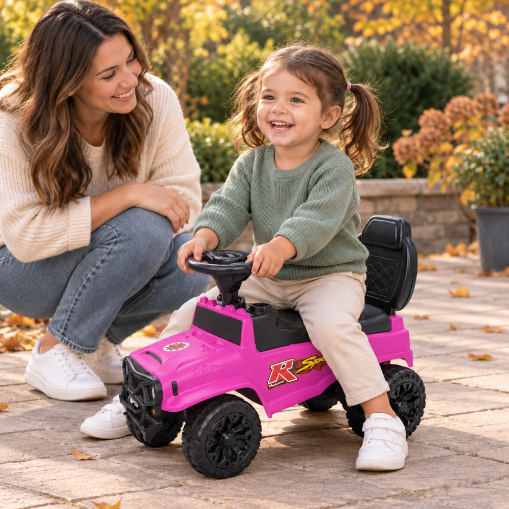 Masinuta ride-on copii, cu maner parental, parasolar, bara de protectie, suporturi pentru picioare si depozitare, roz, 2 ani+ [7]