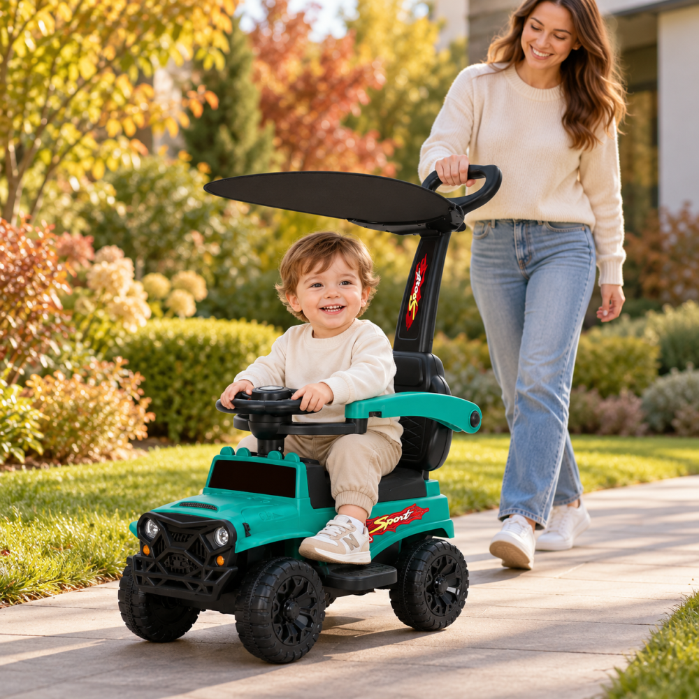 Masinuta ride-on copii, 3 in 1, cu maner parental, parasolar, bara de protectie, suporturi pentru picioare si depozitare, verde, 2 ani+ [3]