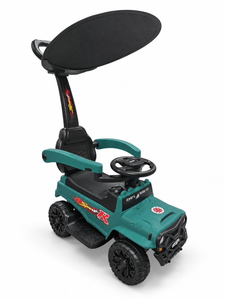 Masinuta ride-on copii, 3 in 1, cu maner parental, parasolar, bara de protectie, suporturi pentru picioare si depozitare, verde, 2 ani+ [6]