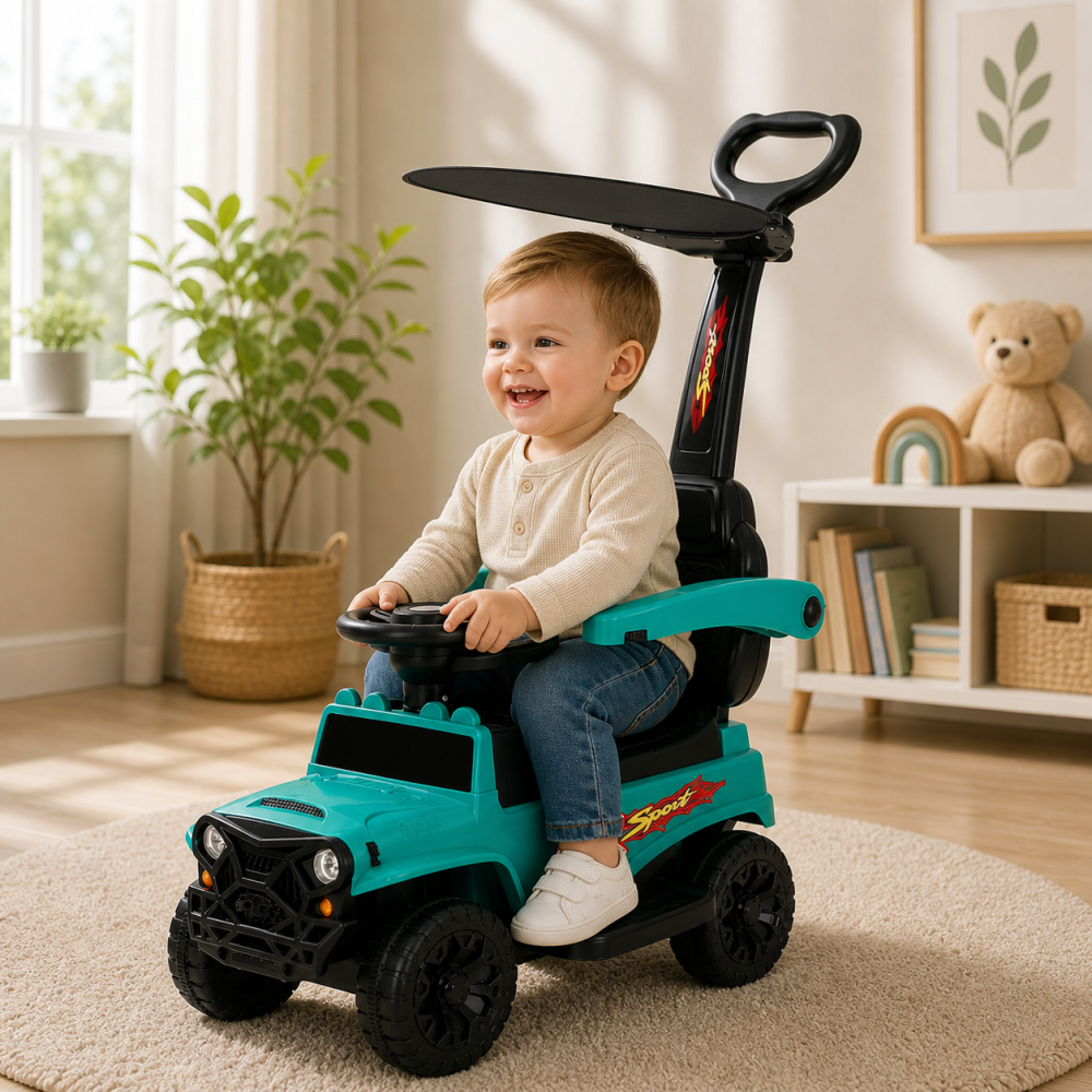 Masinuta ride-on copii verde cu maner parental si acoperis, spatiu depozitare [2]