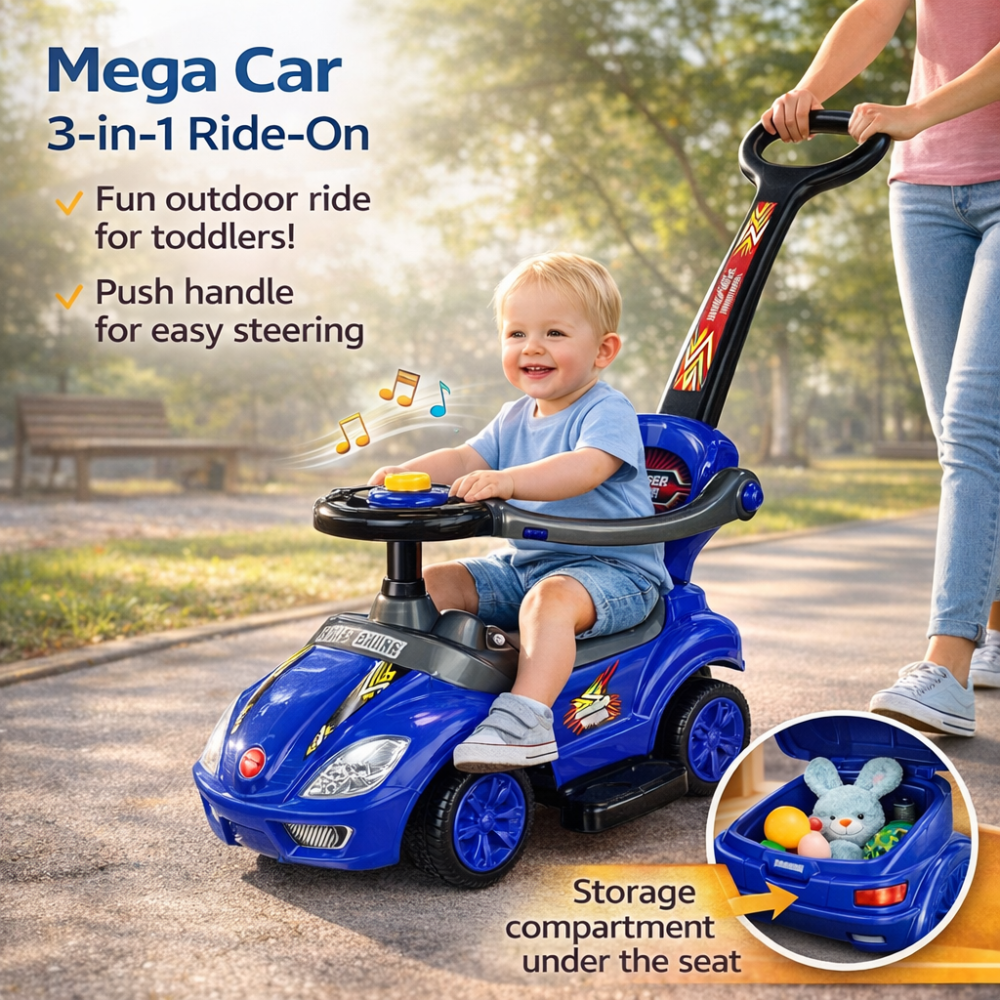 Masinuta cu maner de impingere Mega Car 3in1 albastra [6]