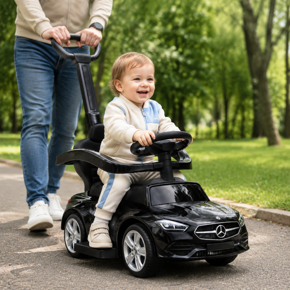 Masinuta Ride-On Mercedes C-Class 3 in 1 cu Licenta, maner parental, roti EVA, scaun din piele ecologica, Negru, 12-36 luni [12]
