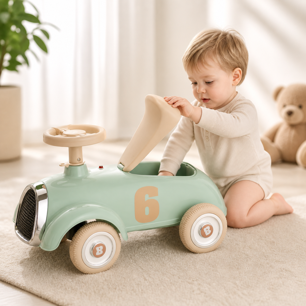 Masinuta ride-on retro copii model clasic verde cu volan si roti EVA [3]
