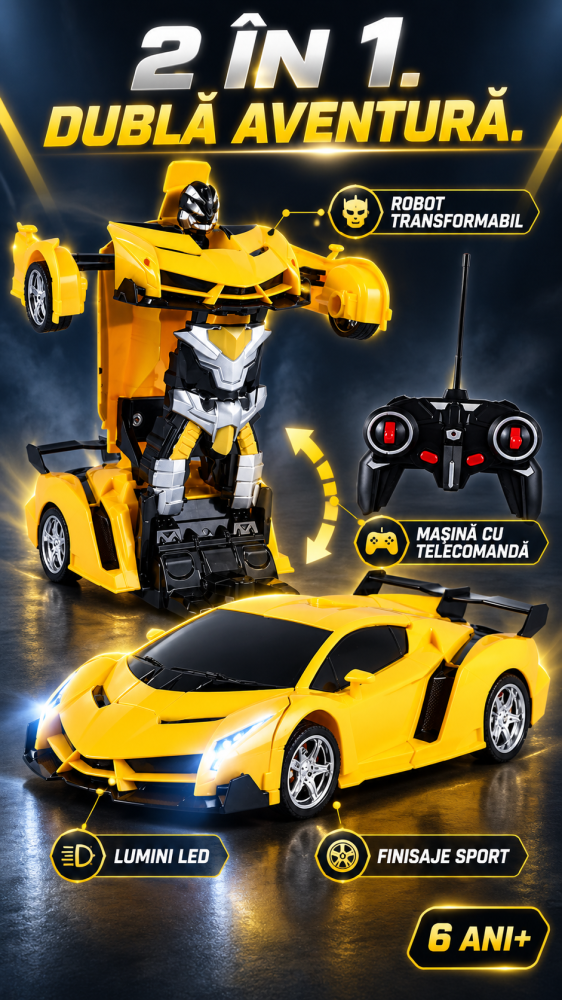 Masinuta Robot Transformer 2 in 1 cu LED si Telecomanda, Scara 1:18, Galbena, 6 ani+ [7]