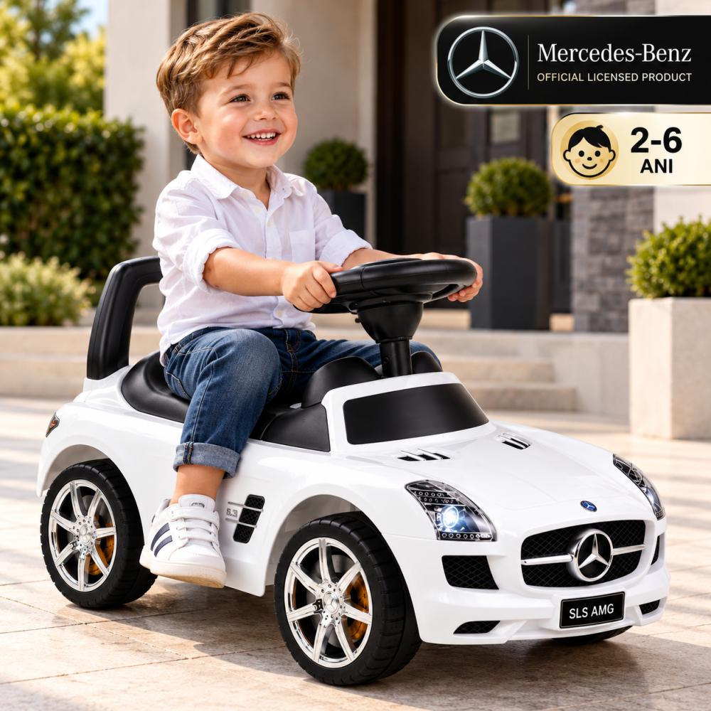 Mercedes-Benz SLS AMG Ride-On Alb, cu Licenta Oficiala, Volan cu Sunete si Depozitare, 2-6 Ani [2]
