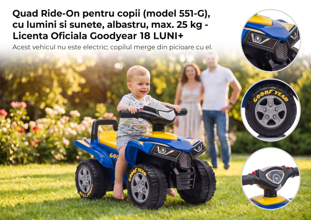 Mini ATV Ride-On pentru copii cu Licenta Oficiala Goodyear, sunete si lumini, model 551-G, Albastru, 18 luni+, max. 25 kg [7]