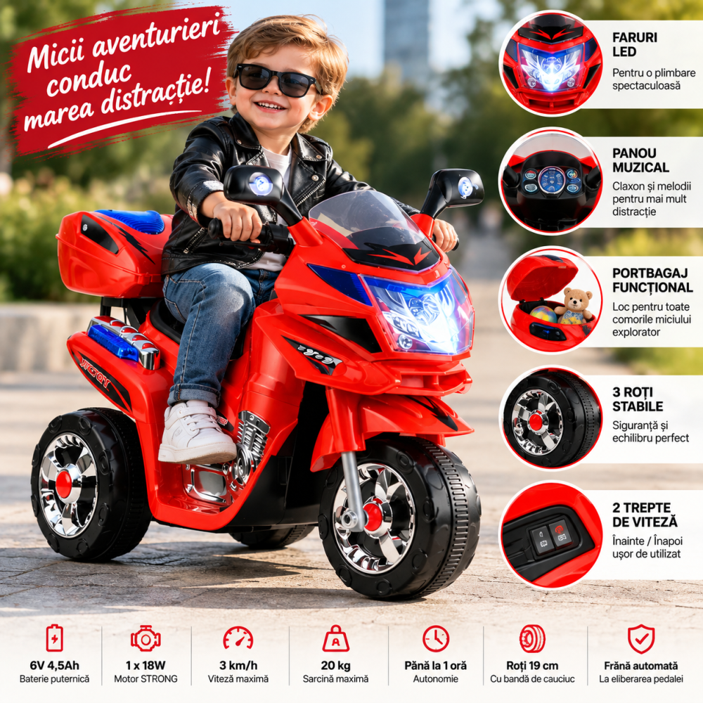 Motocicleta Electrica pentru Copii HC8051 cu 3 Roti si Portbagaj, Rosu, 3 ani+ [2]