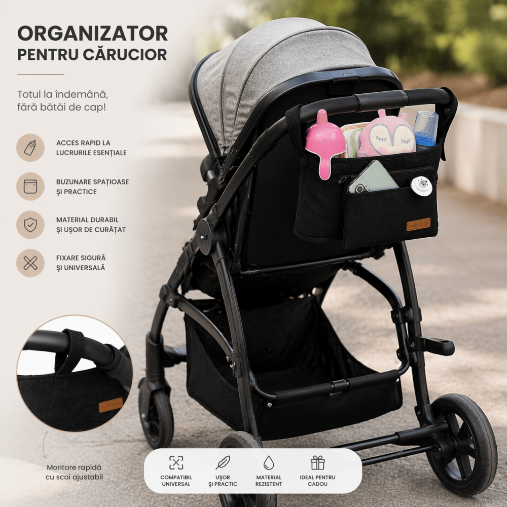 Organizator carucior bebe MollsBaby negru compartimentat multifunctional [2]
