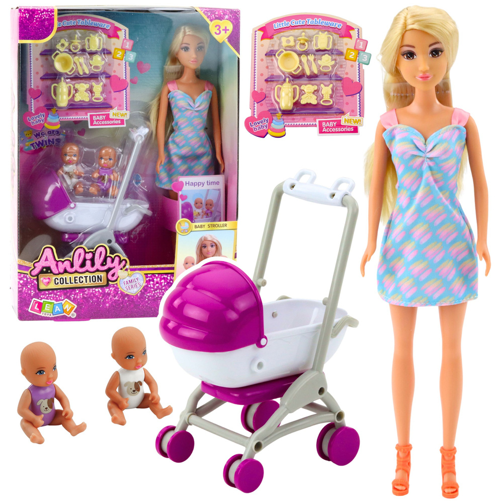Papusa Anlily Mama cu 2 Copii Carucior si Accesorii Bebeluși [1]