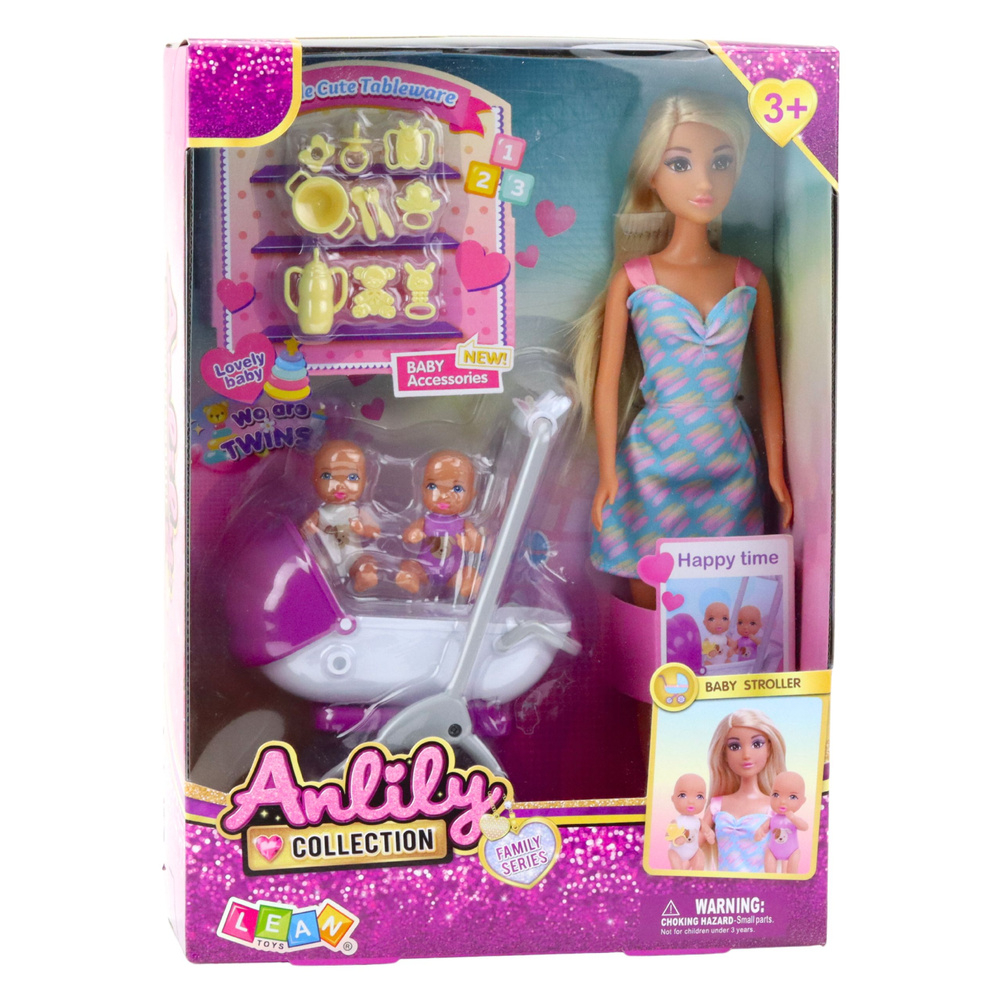 Papusa Anlily Mama cu 2 Copii Carucior si Accesorii Bebeluși [4]