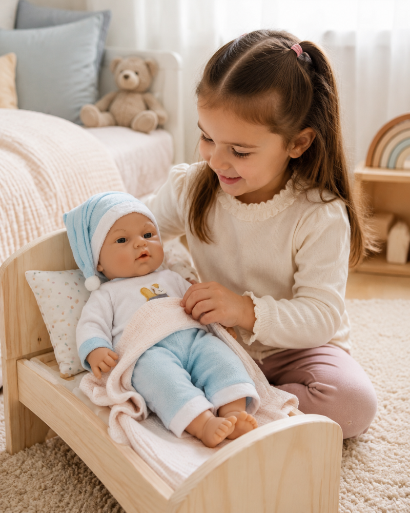 Papusa bebelus in pijama albastra cu caciulita, brate si picioare mobile, 30 cm, 3 ani+ [5]