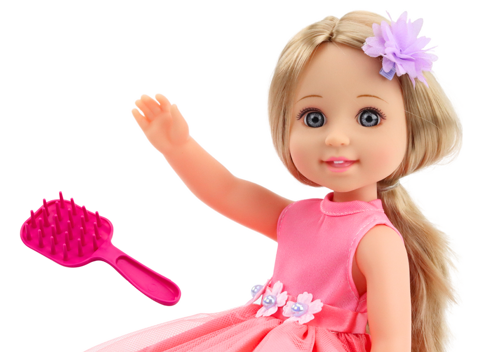 Papusa cu par lung, rochie roz, agrafa si perie, 38 cm [3]