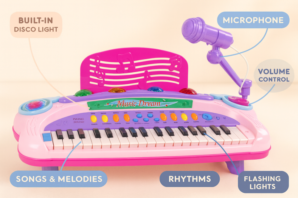 Pian Muzical Interactiv pentru Copii Roz cu Microfon si MP3 [6]